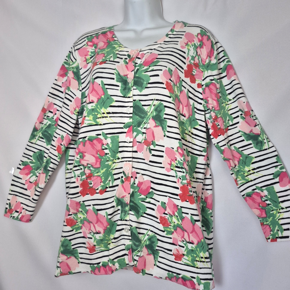 Merona Pink & Green Floral Stripe Cardigan - Picture 2 of 8